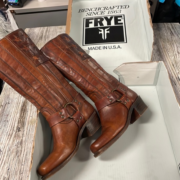 Frye Shoes - Frye Brown Leather Harness Knee-High Heeled Boots
